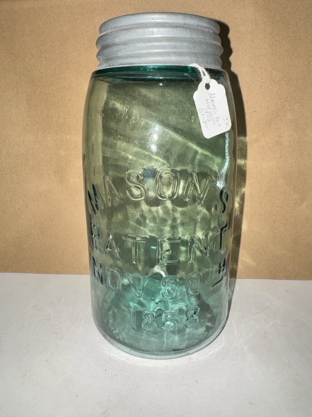 Antique Mason’s Patent Nov 30th 1858 Aqua Quart Fruit Jar Zinc Lid #6